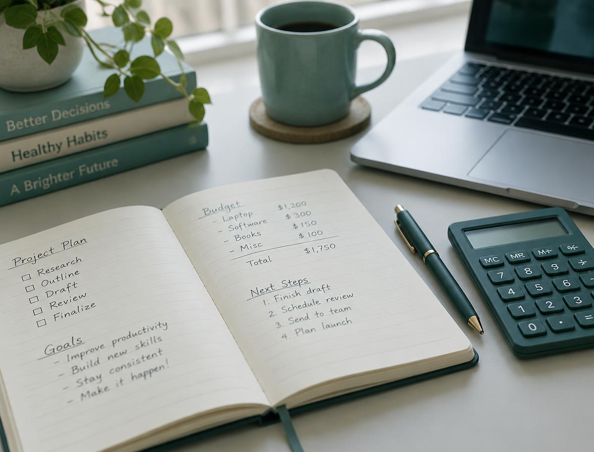 Notebook, calculator and laptop on a desk